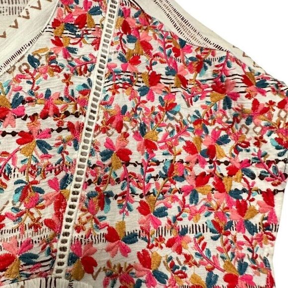 Savanna Jane Embroidered Blouse Women M Multi Floral Stripe Short Sleeve Boho - Picture 5 of 6